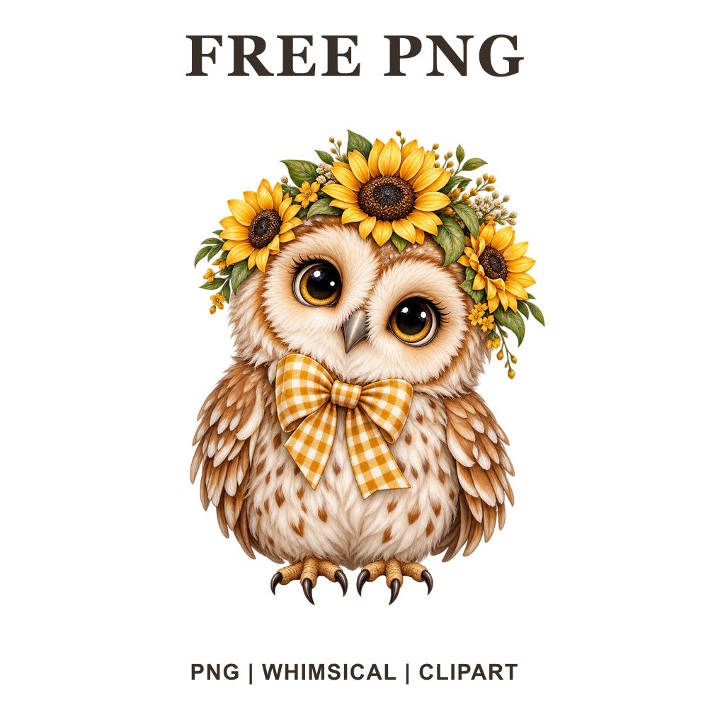 Whimsical Sunflower Crown Owl Clipart PNG