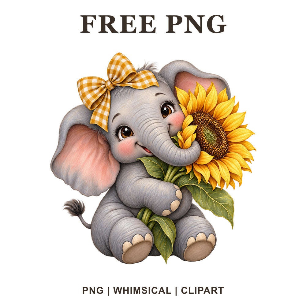 Whimsical Sunflower Hug Elephant Clipart PNG-8SVG