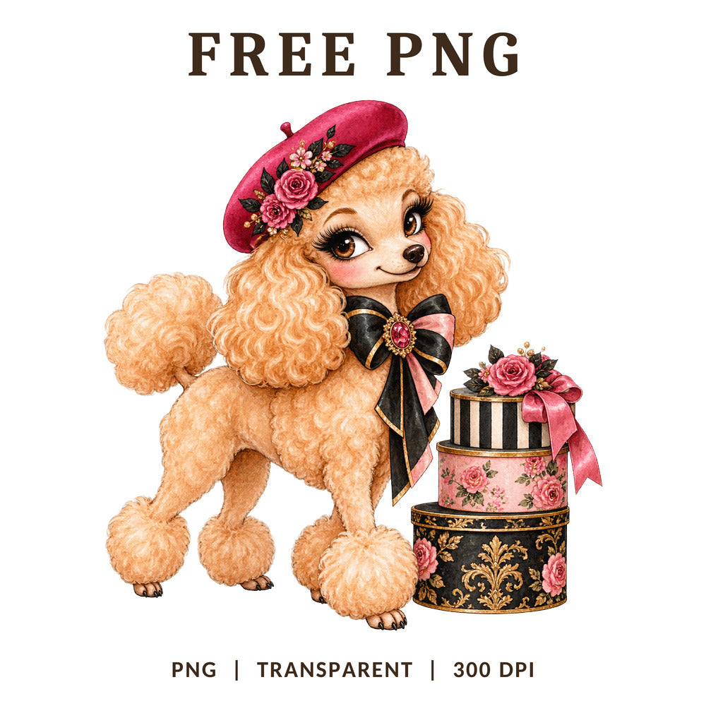 Apricot Poodle Beret Gift Boxes Roses PNG-8SVG
