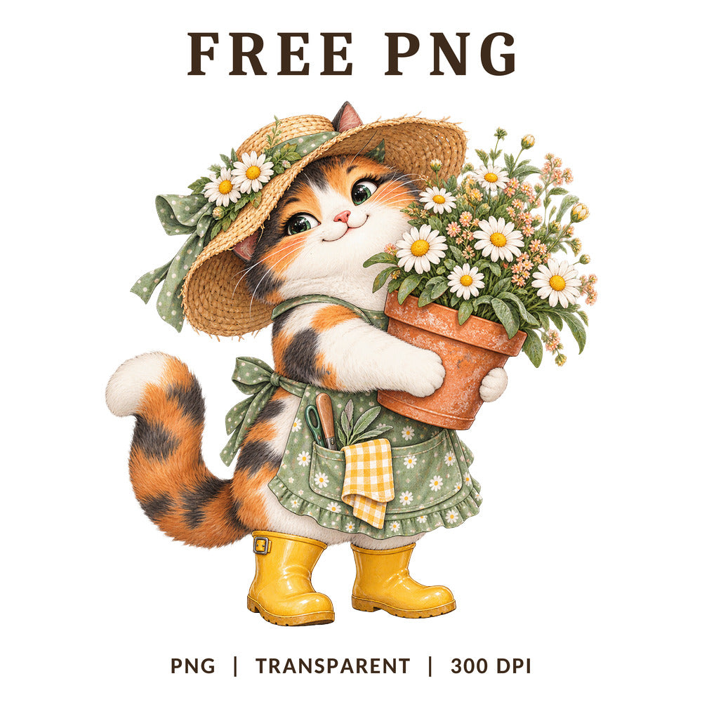 Calico Cat Straw Hat Daisy Flower Pot PNG-8SVG