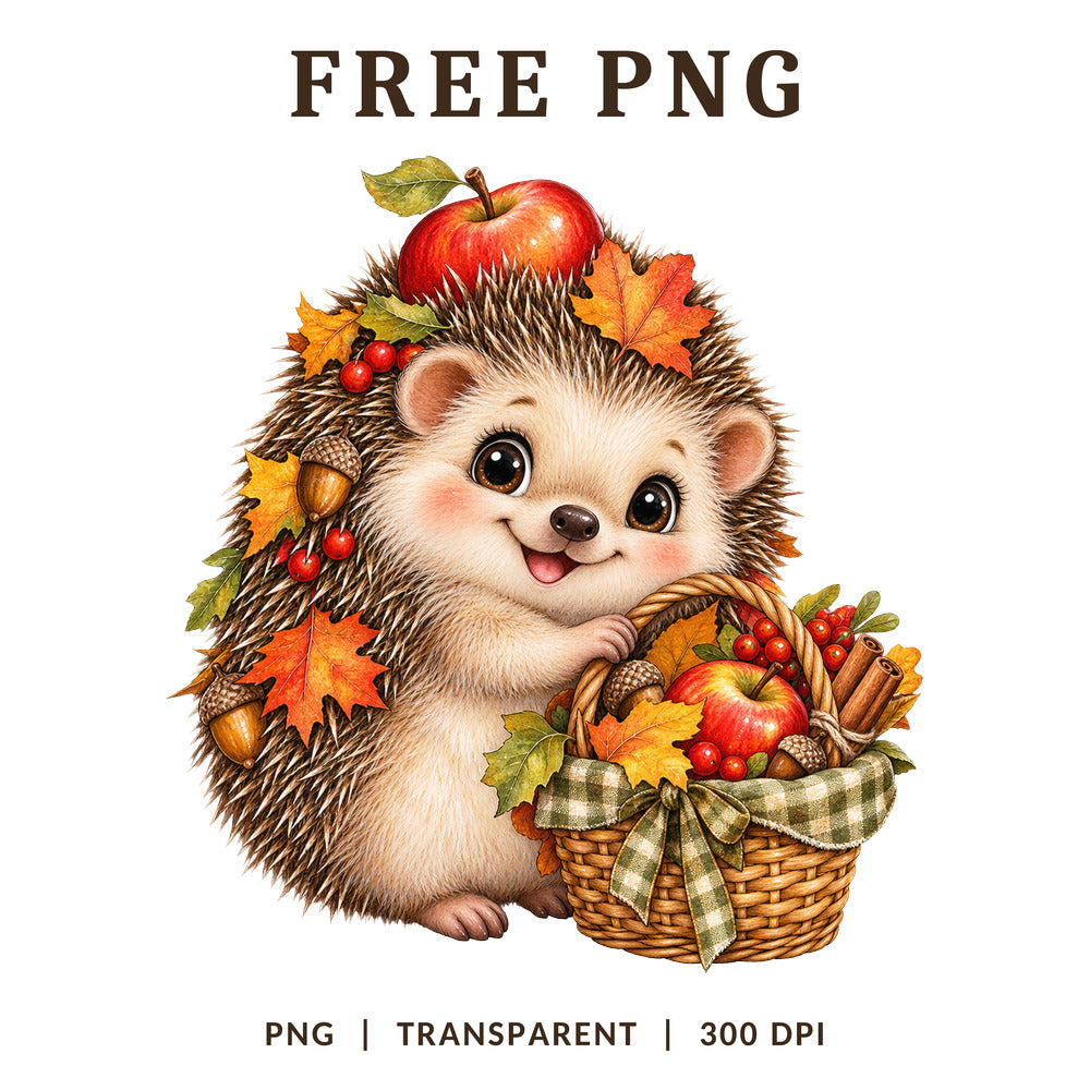 Hedgehog Apple Basket Autumn Leaves PNG-8SVG