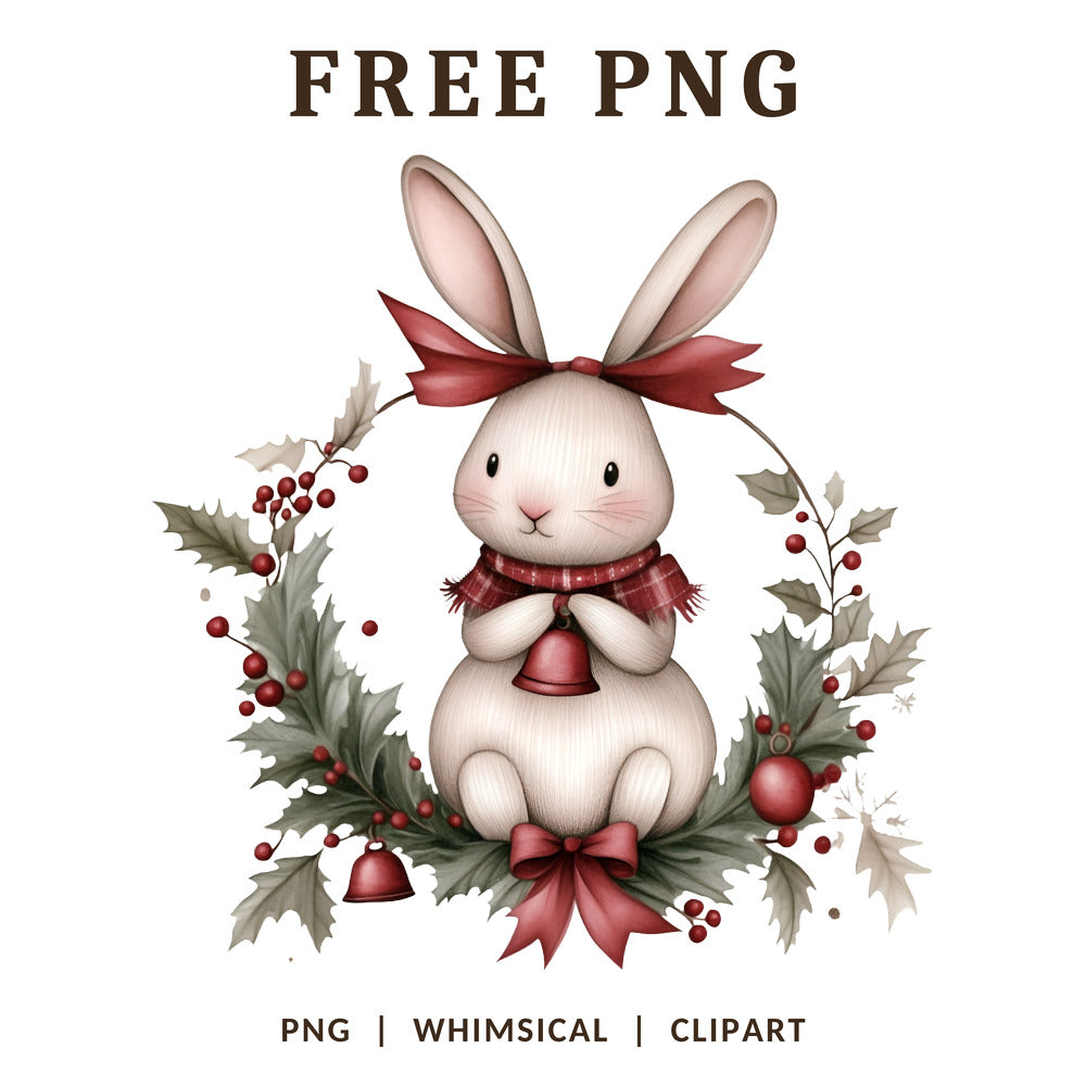 Whimsical Christmas Bunny Holiday Wreath Clipart PNG
