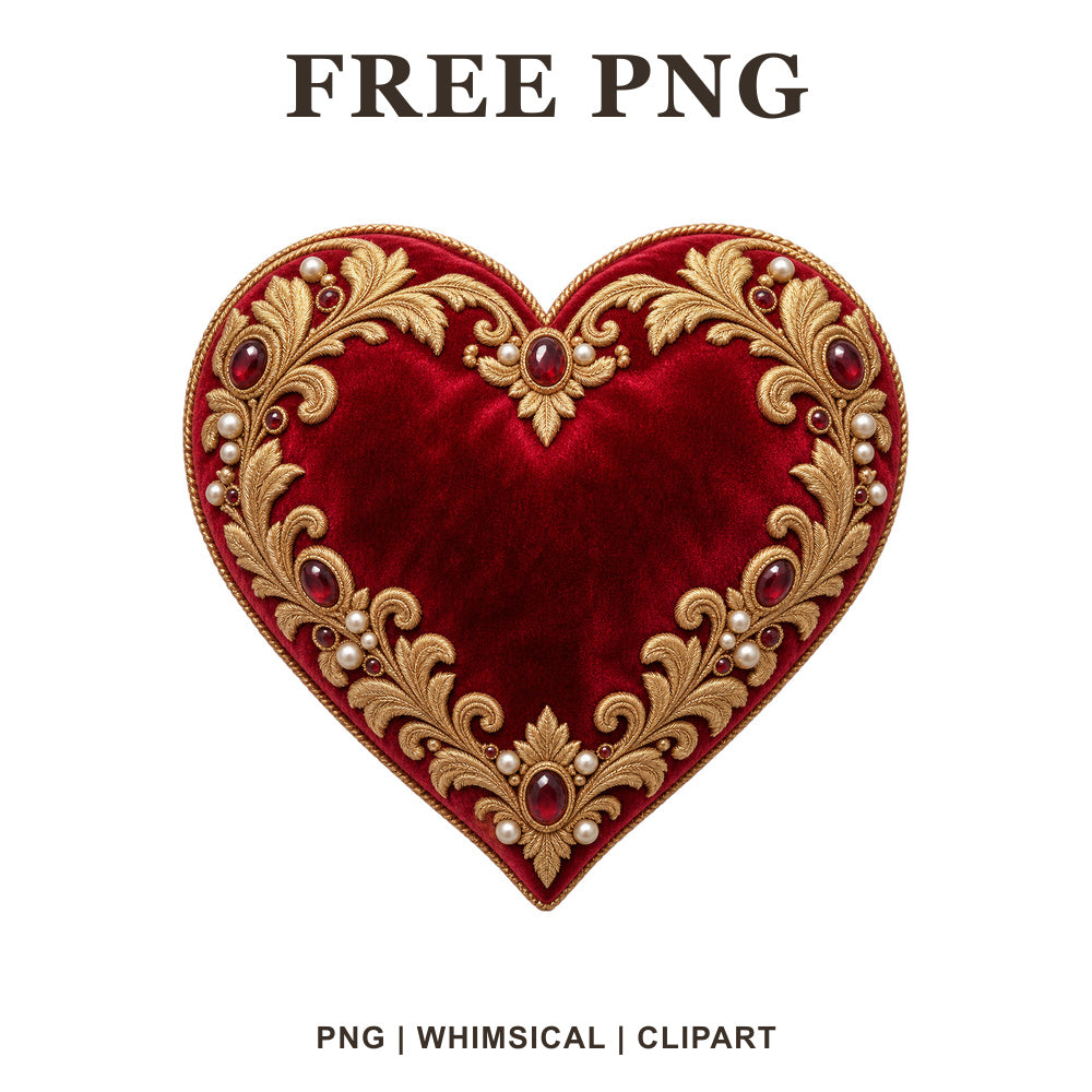 Whimsical Red Velvet Gold Heart Clipart PNG