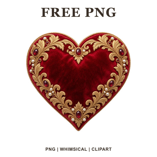 Whimsical Red Velvet Gold Heart Clipart PNG