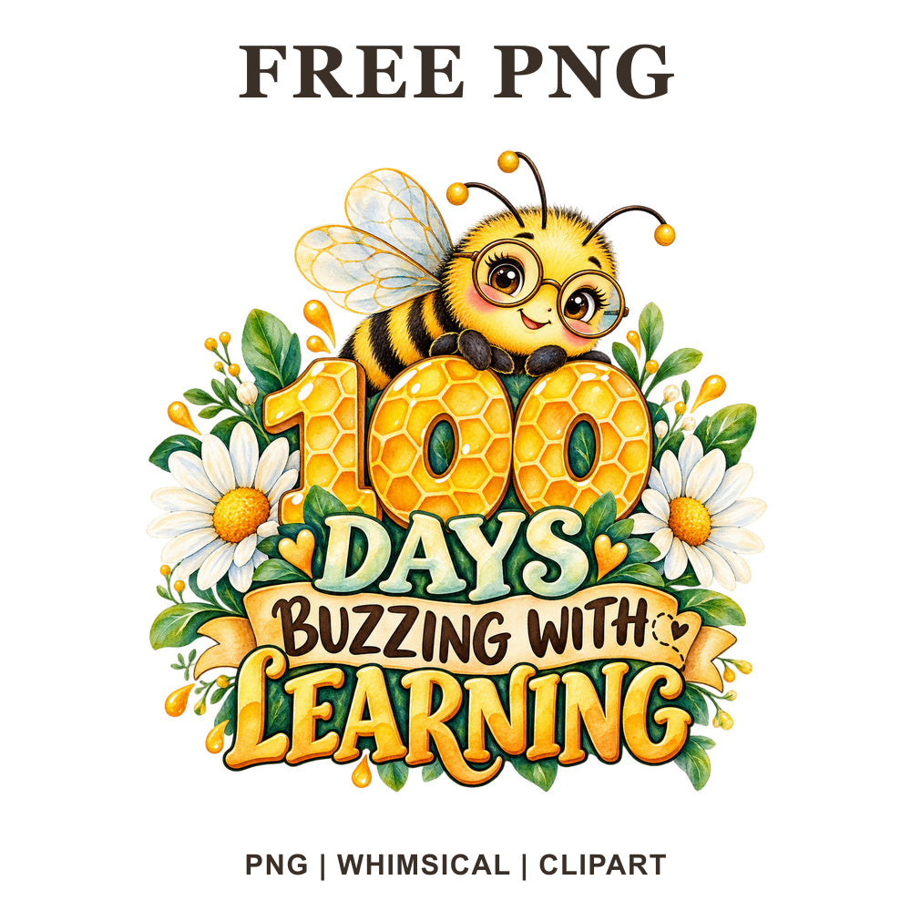 Whimsical Bee Learning 100 Days Of School Clipart PNG