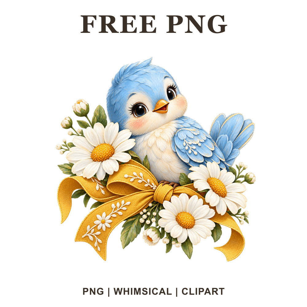 Whimsical Bluebird Daisy Bird Clipart PNG