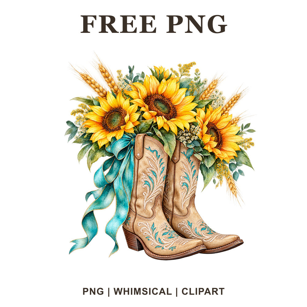 Whimsical Cowgirl Boots Sunflower Clipart PNG