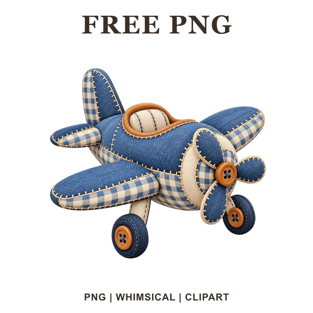 Whimsical Denim Patchwork Airplane Clipart PNG