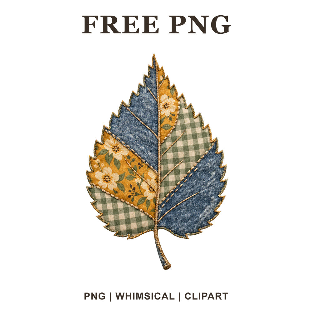 Whimsical Denim Patchwork Birch Fall Leaf Clipart PNG