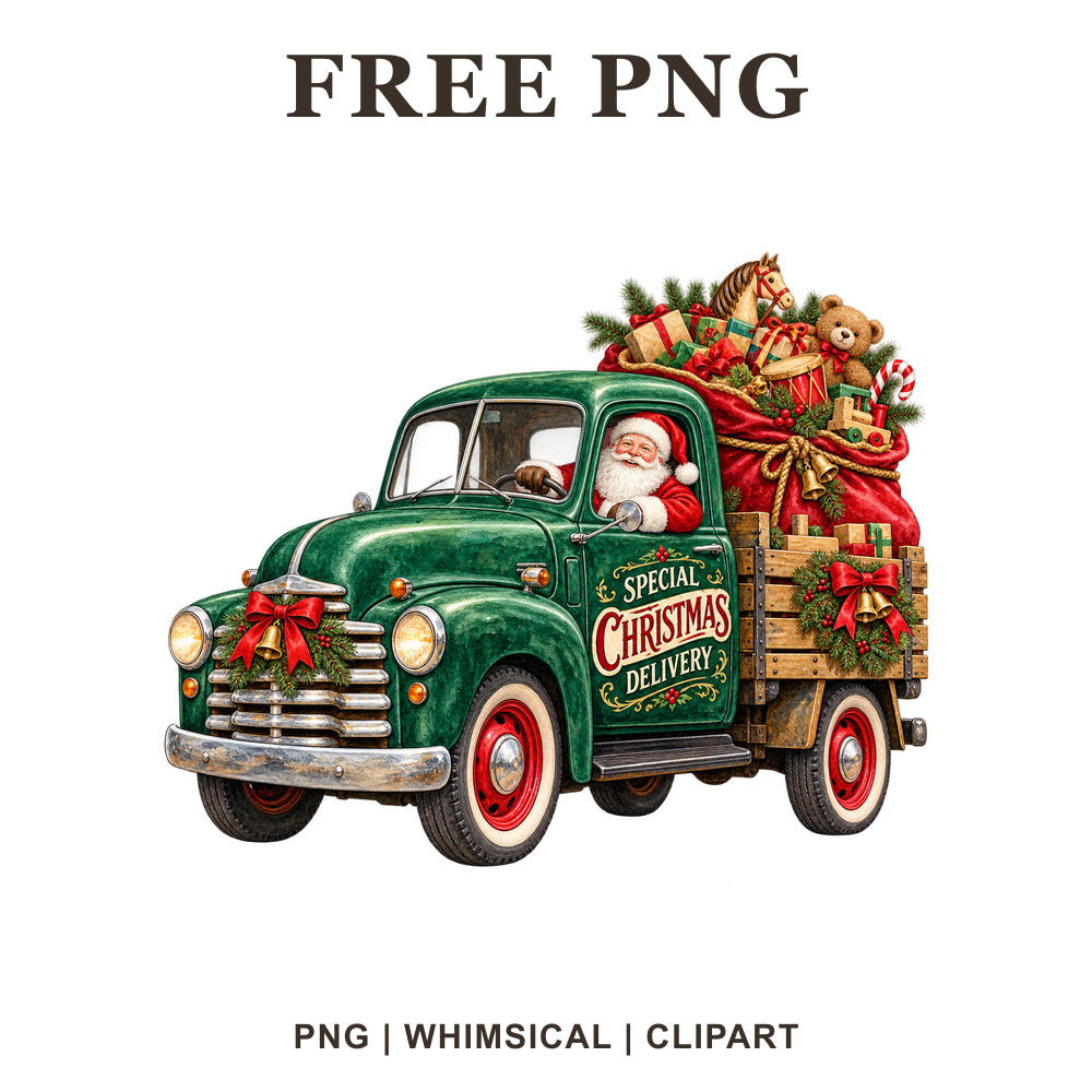 Whimsical Green Santa Delivery Christmas Truck Clipart PNG