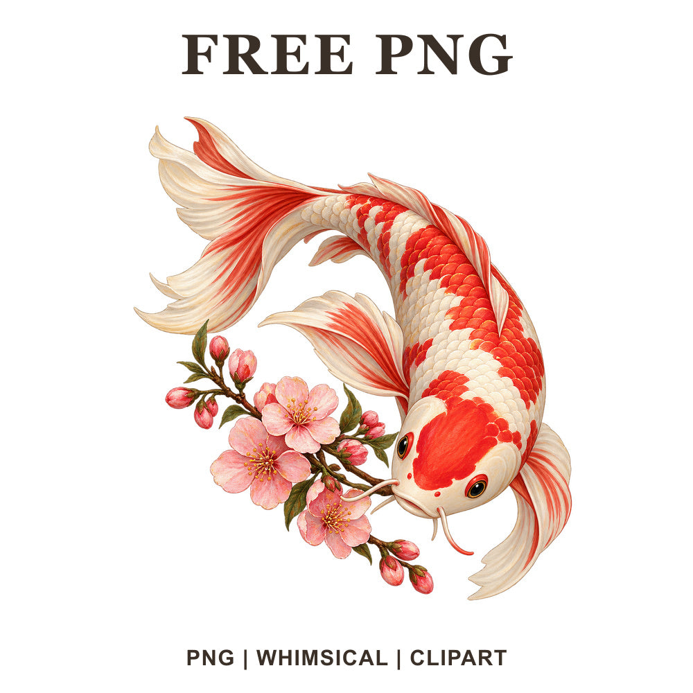 Whimsical Koi Cherry Blossom Fish Clipart PNG