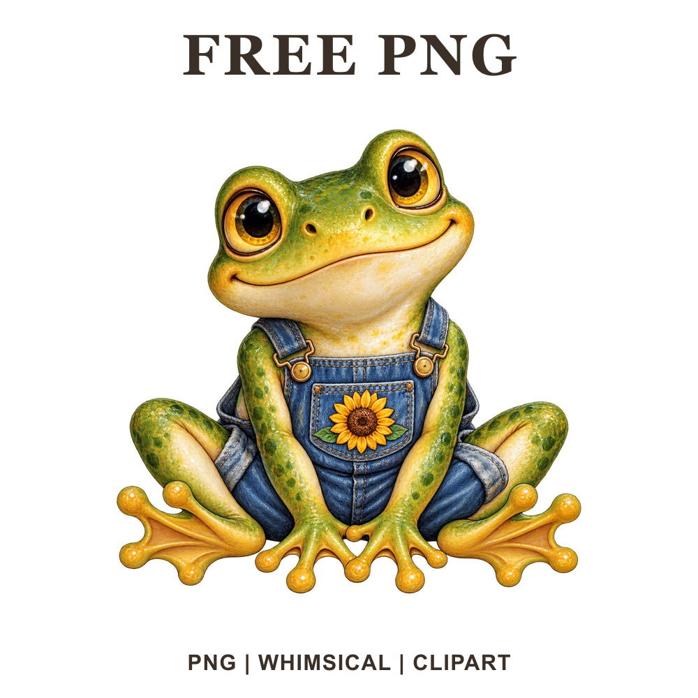 Whimsical Sunflower Overalls Frog Clipart PNG-8SVG