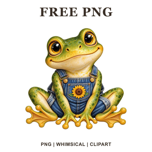 Whimsical Sunflower Overalls Frog Clipart PNG-8SVG