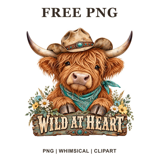 Whimsical Western Cowgirl Highland Cow Clipart PNG