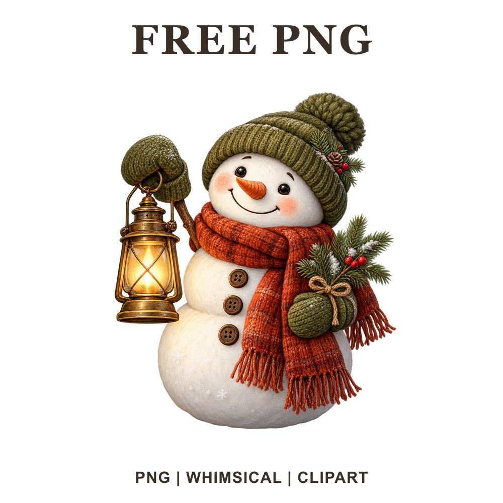 Whimsical Woodland Lantern Snowman Clipart PNG