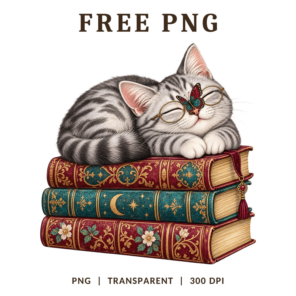 Sleeping Grey Tabby Cat Vintage Books PNG-8SVG