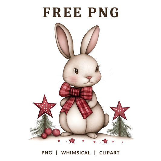Whimsical Christmas Bunny Plaid Bow Clipart PNG-8SVG