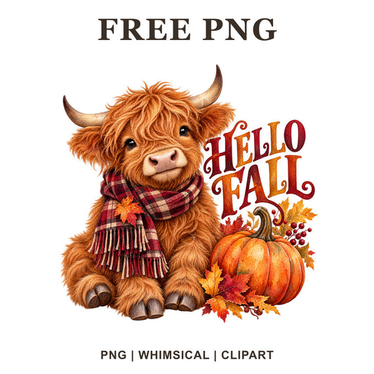 Whimsical Autumn Pumpkin Highland Cow Clipart PNG