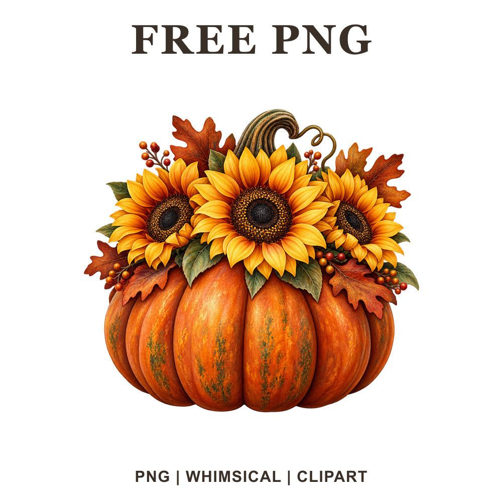 Whimsical Autumn Pumpkin Sunflower Clipart PNG