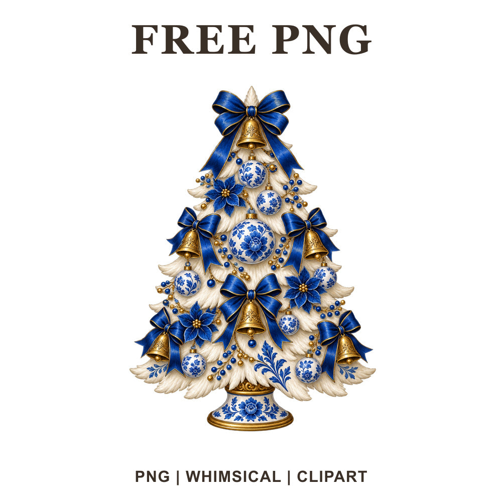 Whimsical Blue Porcelain Christmas Tree Clipart PNG