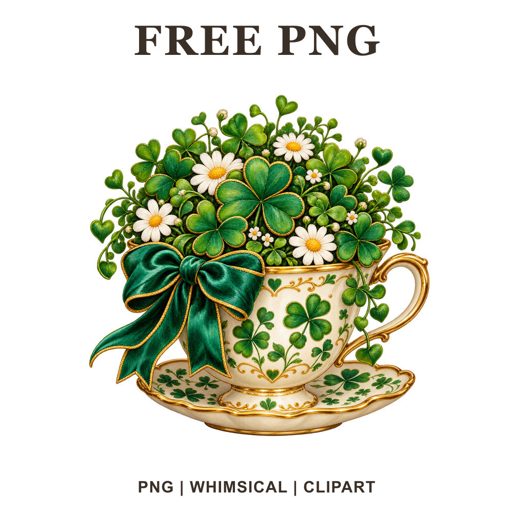 Whimsical Clover Teacup St Patricks Day Clipart PNG