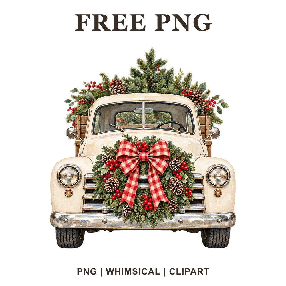 Whimsical Cream Farmhouse Wreath Christmas Truck Clipart PNG