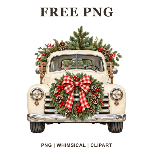 Whimsical Cream Farmhouse Wreath Christmas Truck Clipart PNG