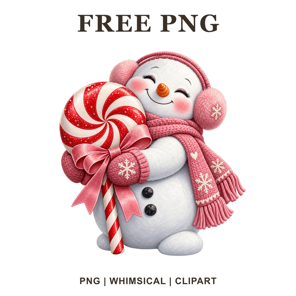 Whimsical Pink Peppermint Snowman Clipart PNG