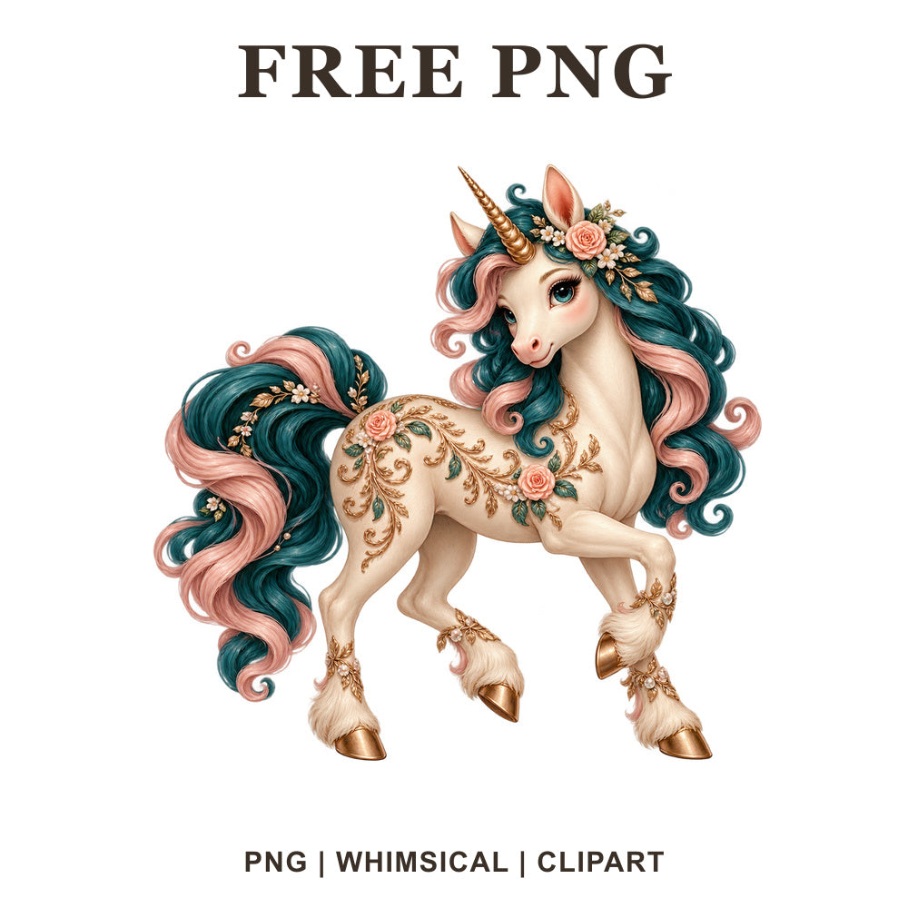 Whimsical Rose Gold Royal Unicorn Clipart PNG