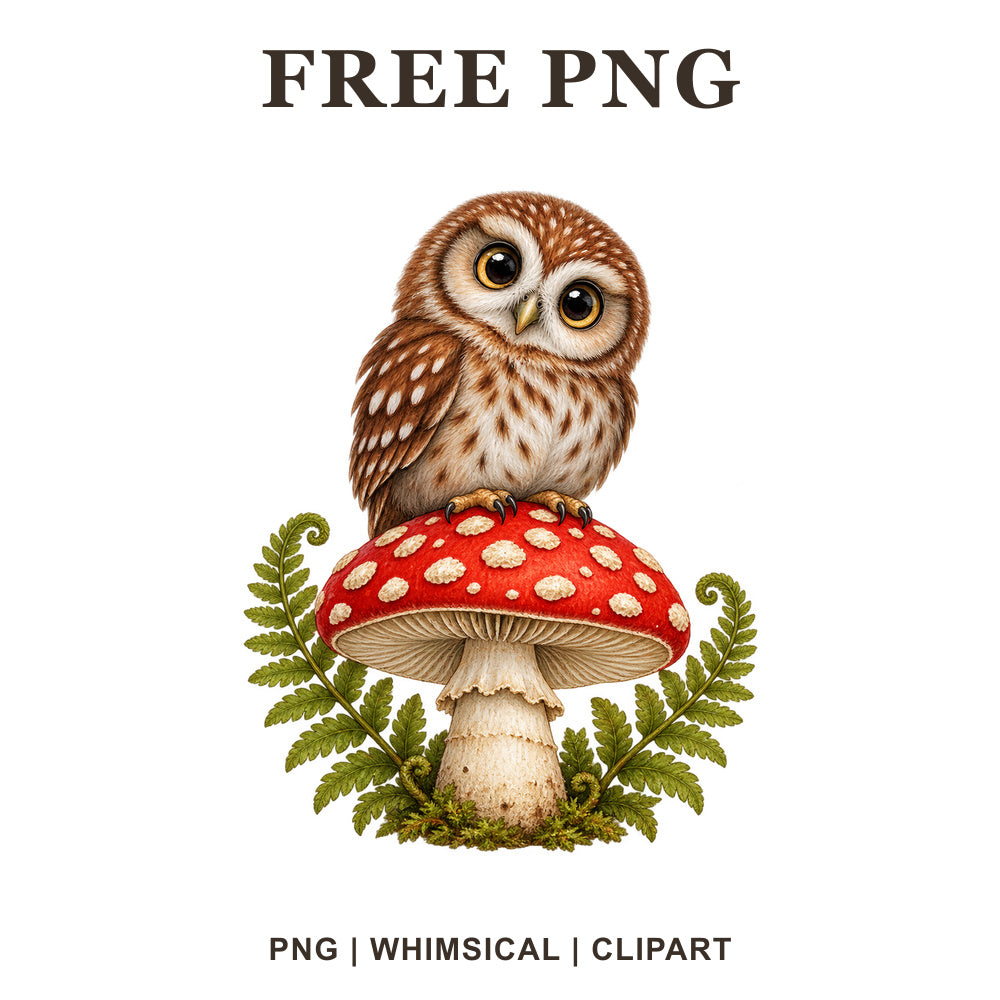 Whimsical Woodland Mushroom Owl Clipart PNG