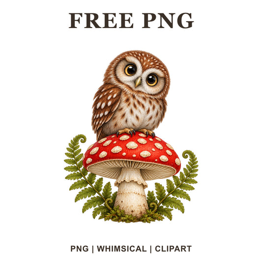 Whimsical Woodland Mushroom Owl Clipart PNG