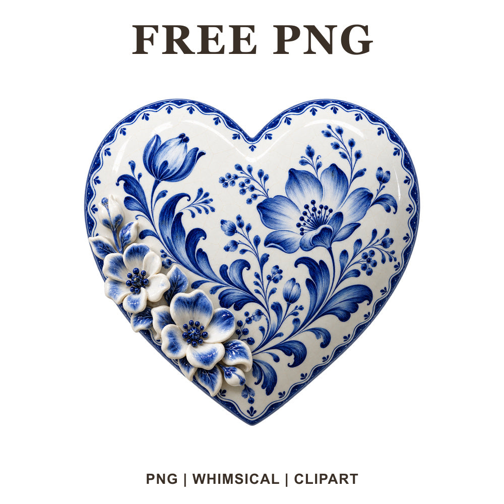 Whimsical Blue Porcelain Heart Clipart PNG