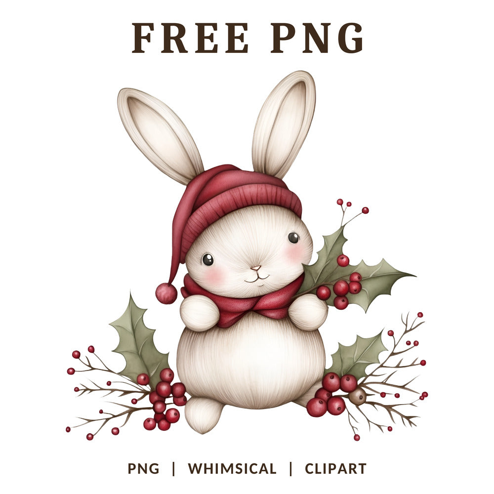 Whimsical Christmas Bunny Santa Hat Clipart PNG