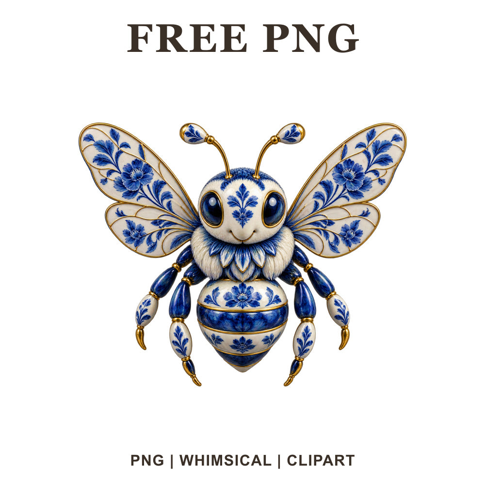 Whimsical Blue Porcelain Bee Clipart PNG