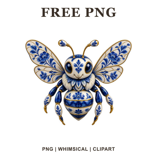 Whimsical Blue Porcelain Bee Clipart PNG