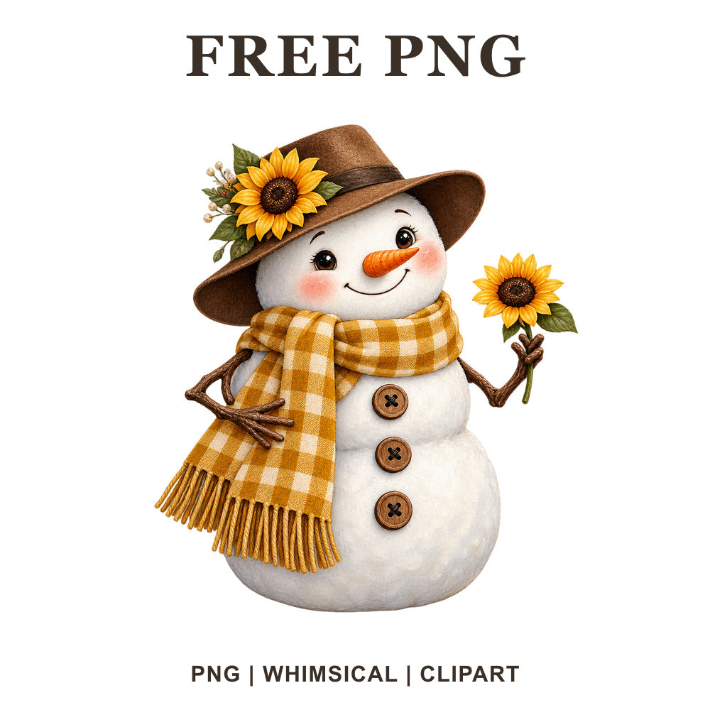 Whimsical Sunflower Scarf Snowman Clipart PNG