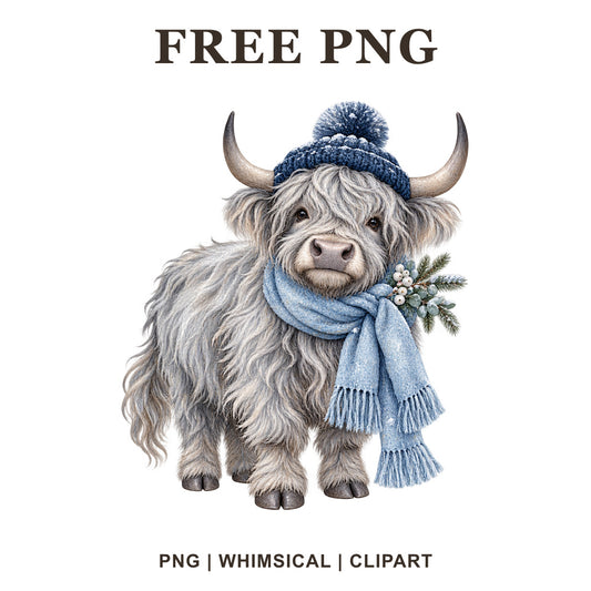 Whimsical Winter Scarf Highland Cow Clipart PNG