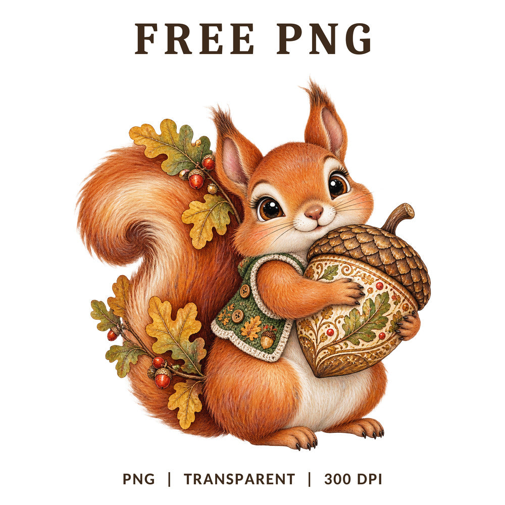 Squirrel Holding Acorn Autumn Oak Leaves PNG-8SVG