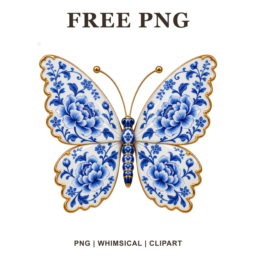 Whimsical Blue Porcelain Butterfly Clipart PNG
