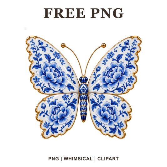 Whimsical Blue Porcelain Butterfly Clipart PNG