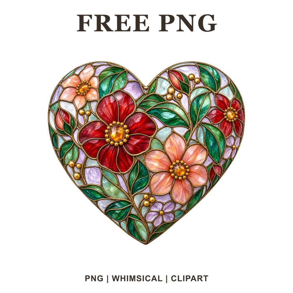 Whimsical Botanical Stained Glass Heart Clipart PNG