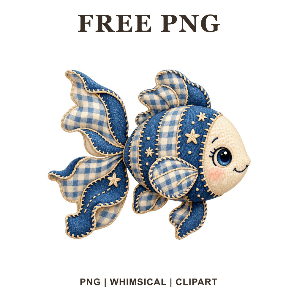 Whimsical Denim Patchwork Fish Clipart PNG