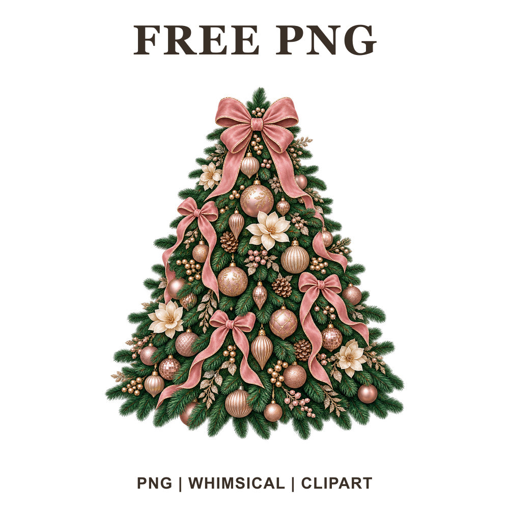 Whimsical Rose Gold Bows Christmas Tree Clipart PNG