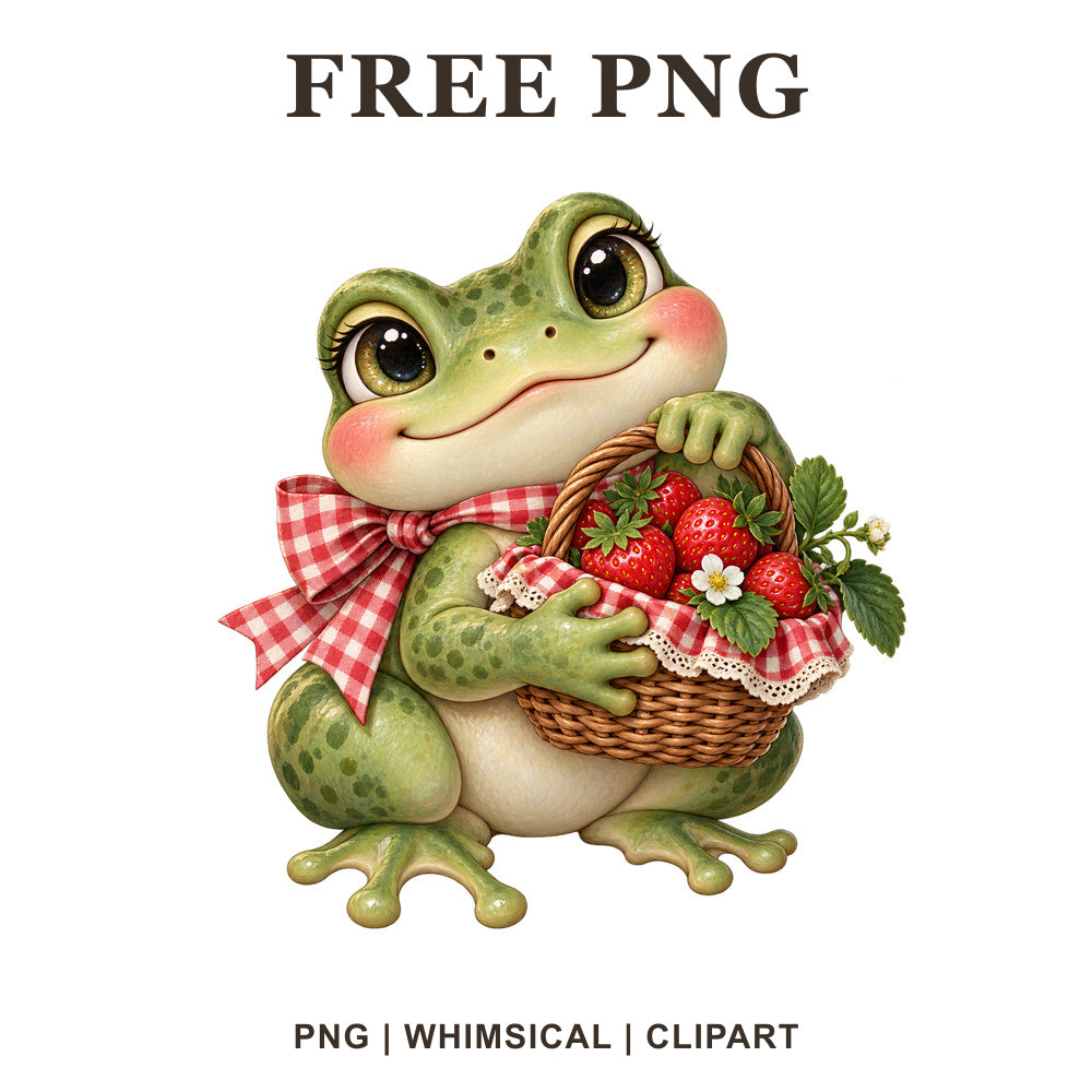 Whimsical Strawberry Basket Frog Clipart PNG-8SVG