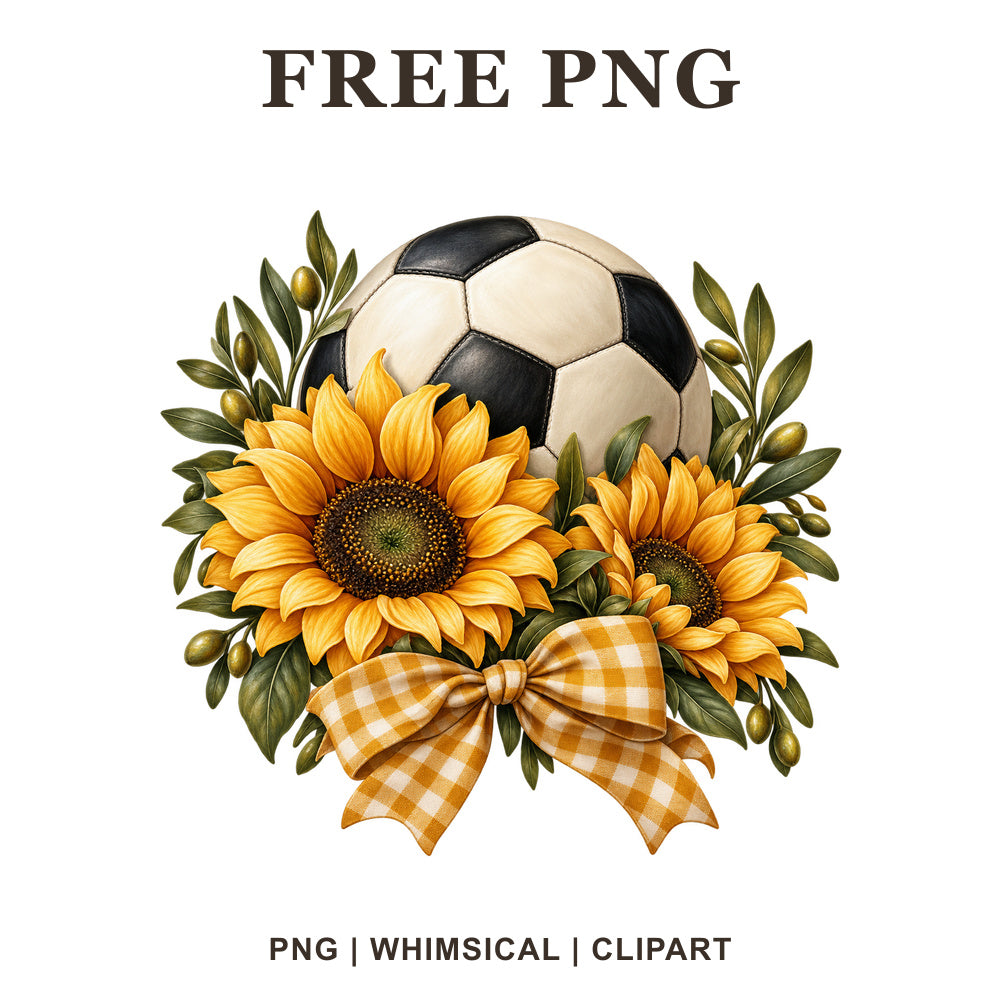Whimsical Sunflower Bow Soccer Ball Clipart PNG