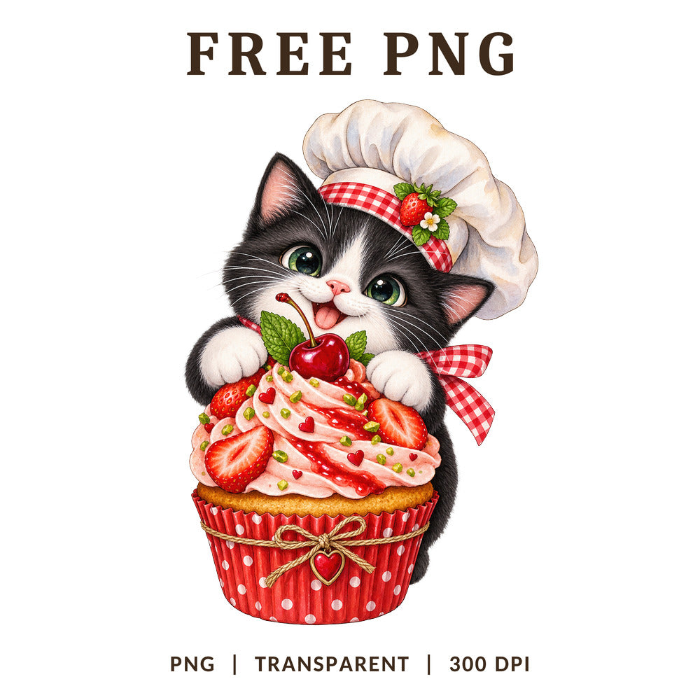 Tuxedo Chef Cat Strawberry Cupcake PNG-8SVG