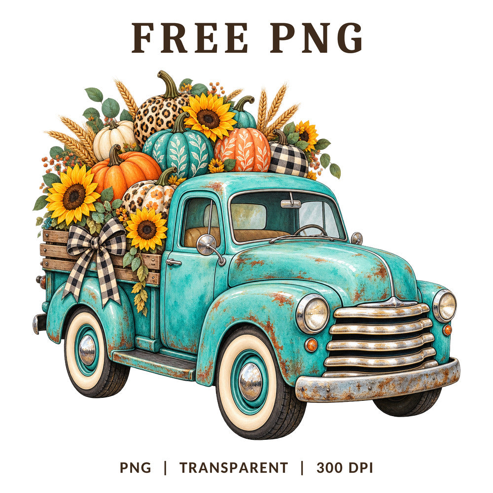 Vintage Teal Truck Pumpkins Sunflowers Fall PNG-8SVG