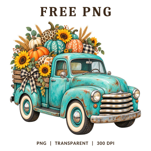 Vintage Teal Truck Pumpkins Sunflowers Fall PNG-8SVG