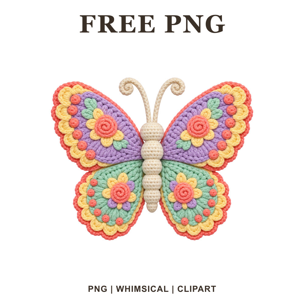 Whimsical Crochet Rainbow Butterfly Clipart PNG