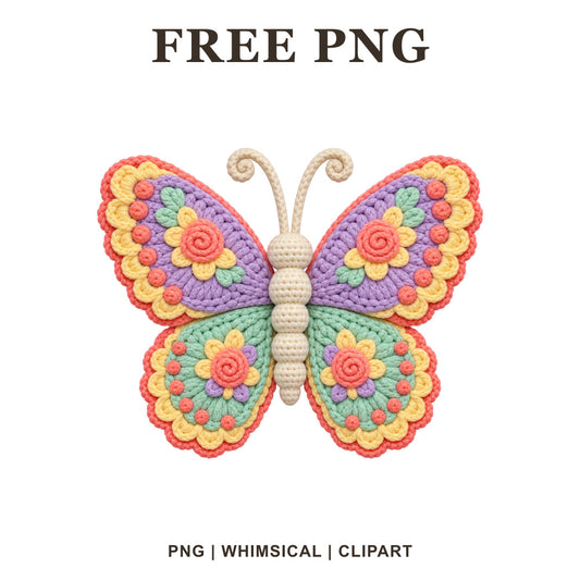 Whimsical Crochet Rainbow Butterfly Clipart PNG